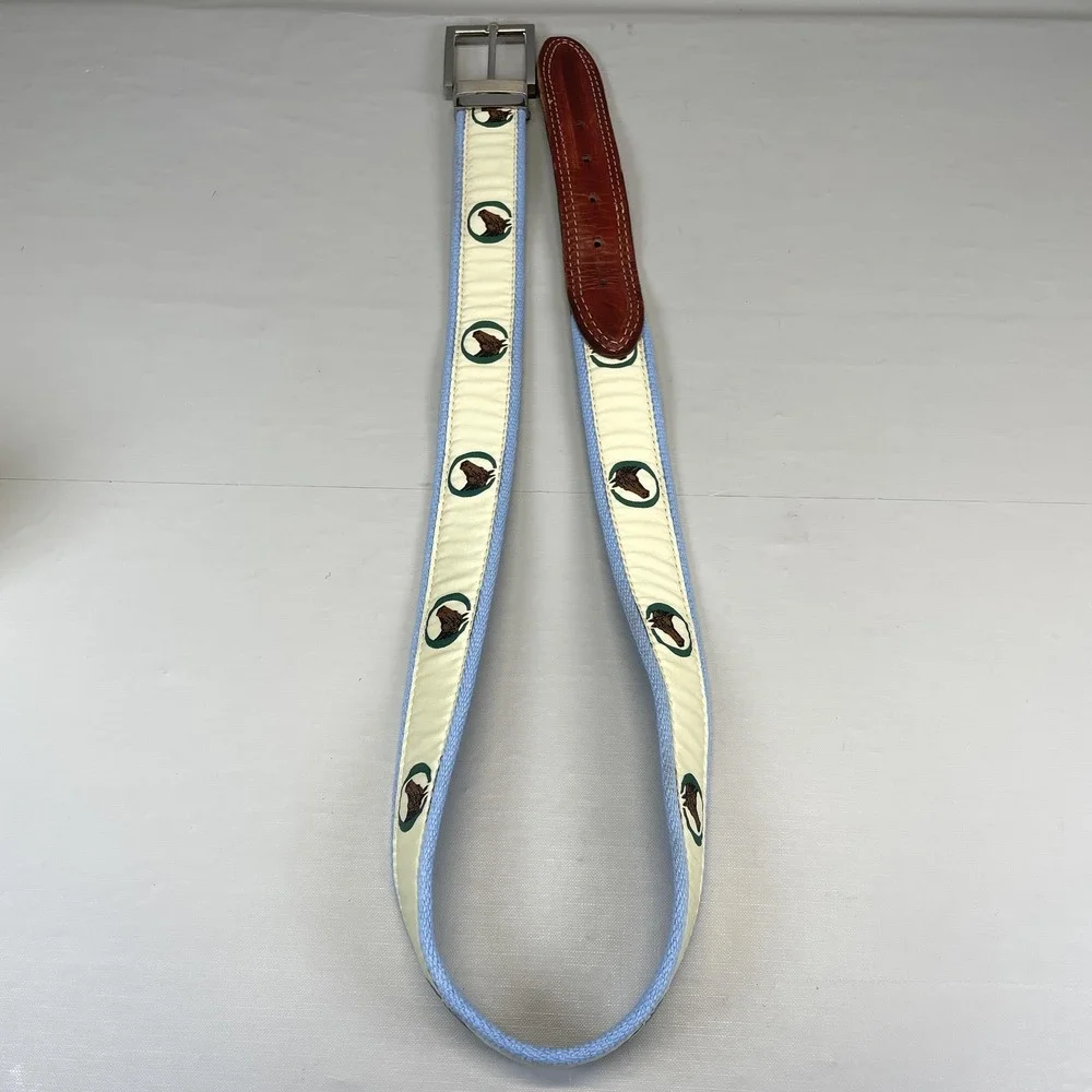 YRI Belt Mens Light Blue Horse Ribbon Canvas Leather Buckle Equestrian